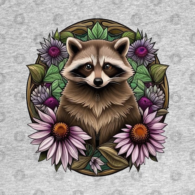 A Raccoon Surrounded By A Wreath Tennessee Purple Coneflower by taiche